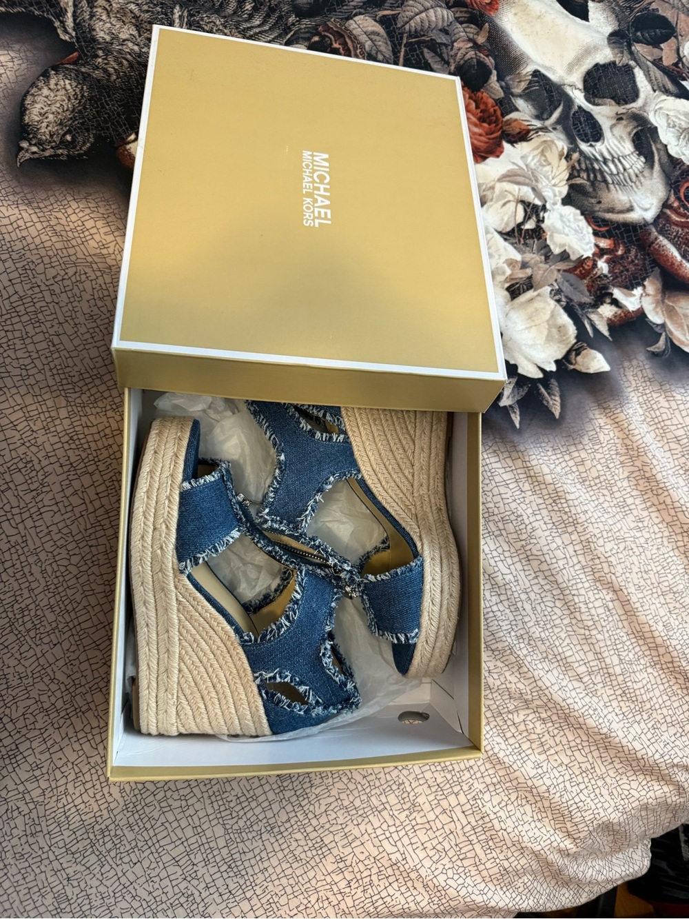 Michael Kors Frayed Denim Espadrille Wedge Sandals - Blue